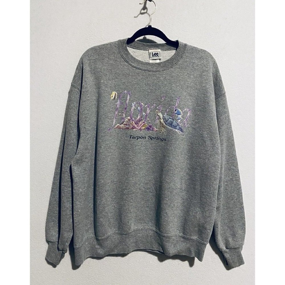 Vintage Lee Sport Sweatshirt Adult Large Florida Tarpon Springs Sea Animals Gray